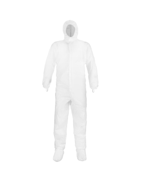White protective full-body suit with hood and booties.