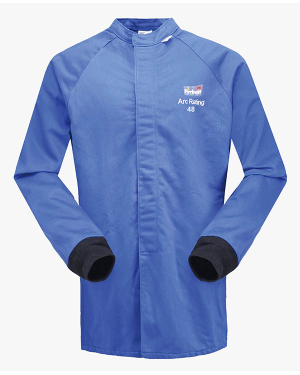 Blue arc-rated safety jacket with long sleeves.