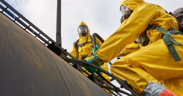 chemical disposable suits in use on workers