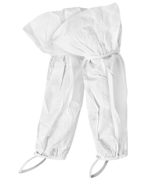 White disposable protective pants on a white background.
