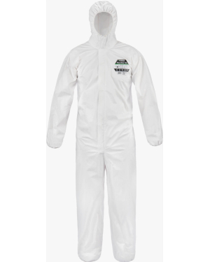 White protective coverall with hood and label.