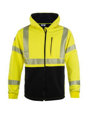 Yellow and black safety hoodie with reflective stripes.