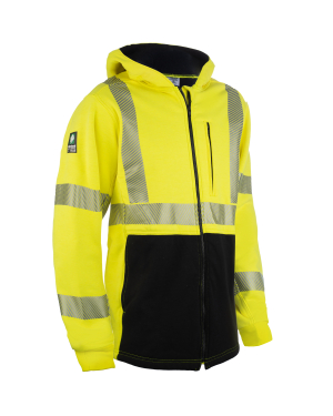 Yellow reflective safety jacket with hood.