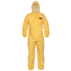 Yellow protective Hazmat suit with hood and gloves.