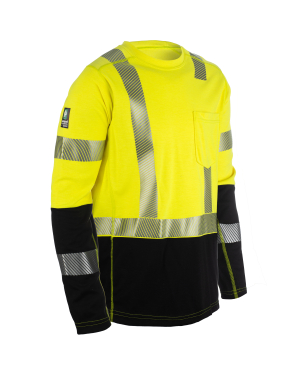 Yellow safety shirt with reflective stripes.